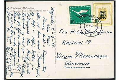 10 pfg. Lufthansa og 10 pfg. Landesuasstellung på brevkort fra Bayreuth d. 2.7.1955 til Virum pr. København.
