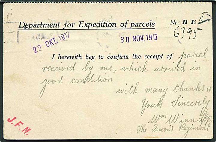 Ufrankeret krigsfangekort fra britisk krigsfange i Parchim d. 28.11.1917 til Dansk Røde Kors i København. 