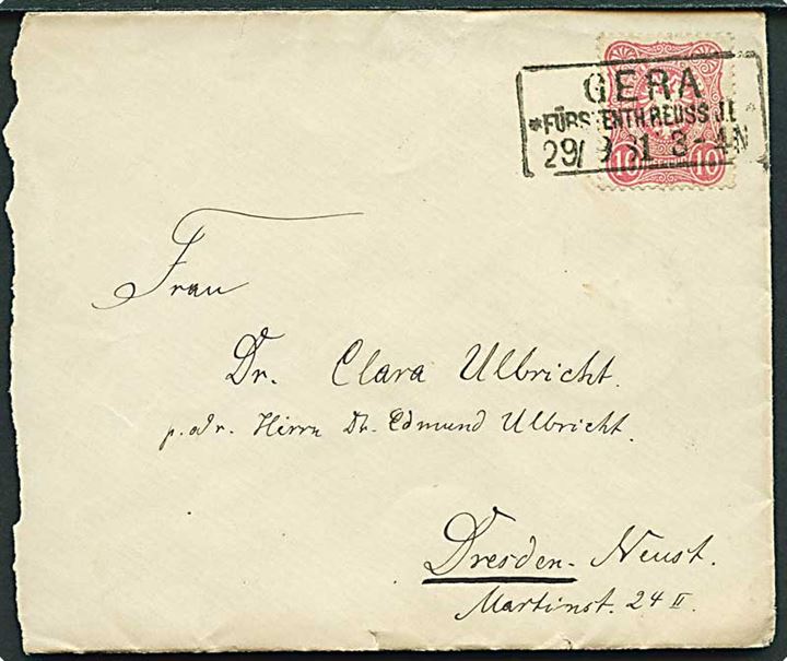 10 pfg. Adler på brev annulleret med rammestempel Gera * Fürstenth. Reuss J.L.* d. 29.9.1881 til Dresden.