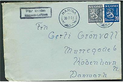 3 mk. og 20 mk. Løve på luftpostbrev fra Hamina d. 28.7.1951 til København, Danmark.