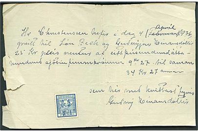 10 aur Greidslu mærke annulleret med blæk på kvittering dateret d. 4.4.1936. Fold gennem mærke.