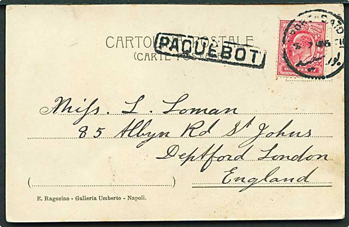1d Edward VII på brevkort (Pompei, Italy) annulleret med egyptisk stempel Port Said 1905 og sidestemplet Paquebot til London, England.