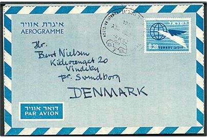 £0,20 helsags aerogram fra Kibbutz Kfar Szold annulleret med bureaustempel Ha-Galil Ha-Elyon d. 4.11.1962 til Vindeby pr. Svendborg.