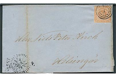 4 sk. 1854 udg. på brev annulleret med nr.stempel 1 og sidestemplet med kompasstempel Kiøbenhavn d. 2.4.1857 til Helsingør.