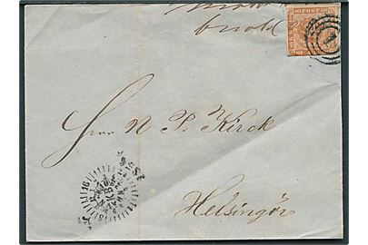 4 sk. 1854 udg. på brev annulleret med nr.stempel 1 og sidestemplet med kompasstempel Kiøbenhavn d. 10.11.1856 til Helsingør.