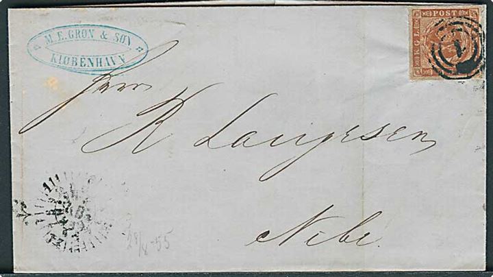 4 sk. 1854 udg. på brev annulleret med nr.stempel 1 og sidestemplet med kompasstempel Kiøbenhavn d. 28.8.1857 til Nibe.