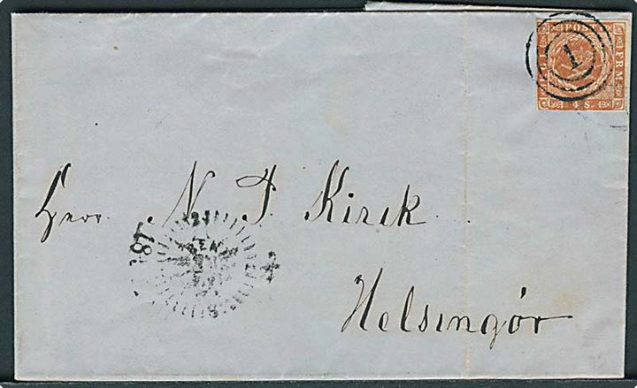 4 sk. 1854 udg. på brev annulleret med nr.stempel 1 og sidestemplet med kompasstempel Kiøbenhavn d. 1.9.1856 til Helsingør.