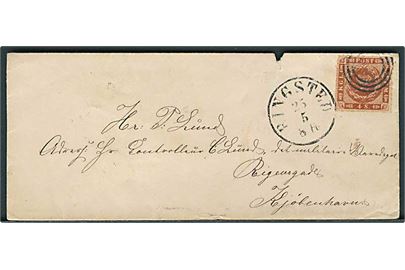 4 sk. stukken kant på brev annulleret med svagt nr.stempel 57 og sidestemplet antiqua Ringsted d. 25.5.1864 til Kjøbenhavn.