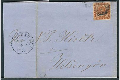 4 sk. stukken kant på brev annulleret med nr.stempel 1 og sidestemplet Kiøbenhavn d. 27.6.1863 til Helsingør.