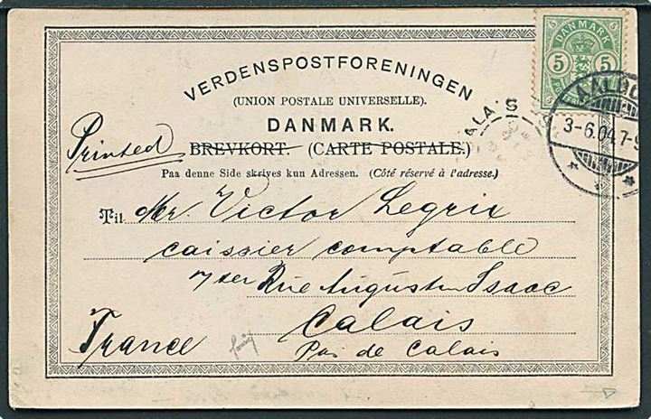5 øre Våben single på brevkort (Gravensgade, Aalborg, Stenders no. 68) sendt som tryksag fra Aalborg d. 3.6.1904 til Calais, Frankrig.