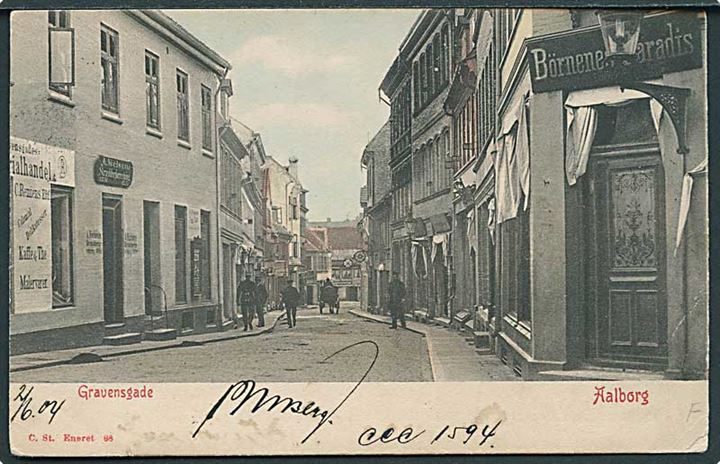 5 øre Våben single på brevkort (Gravensgade, Aalborg, Stenders no. 68) sendt som tryksag fra Aalborg d. 3.6.1904 til Calais, Frankrig.