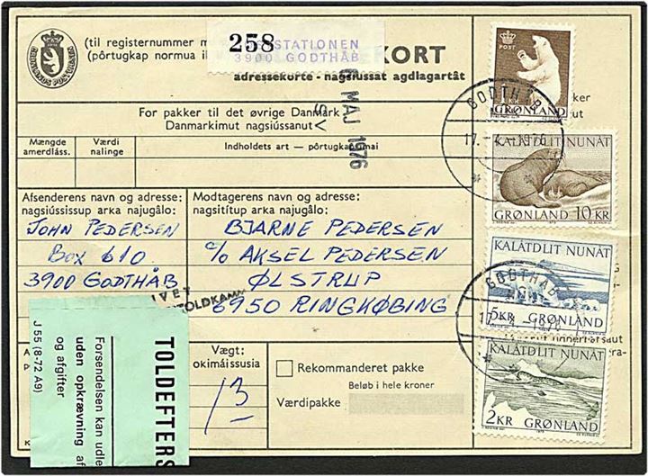18 kr. porto på adressekort fra Godthåb d. 17.4.1976 til Ringkøbing.