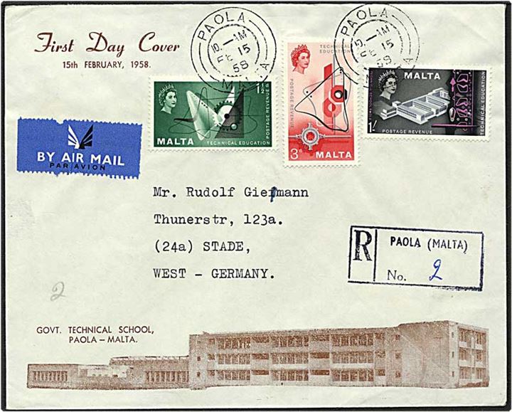 Komplet set teknisk uddannelse på Rec. brev fra Paola, Malta, d. 15.2.1958 til Stade, Tyskland.