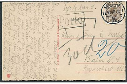 20 øre Chr. X single på underfrankeret brevkort fra København d. 22.4.1924 til Berlin, Tyskland. Sort Porto stempel og udtakseret i 20 pfg. tysk porto.