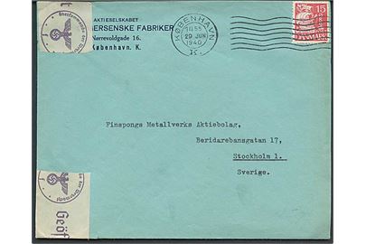 15 øre Karavel på brev fra København d. 29.6.1940 til Stockholm, Sverige. Åbnet af tysk censur i Hamburg.