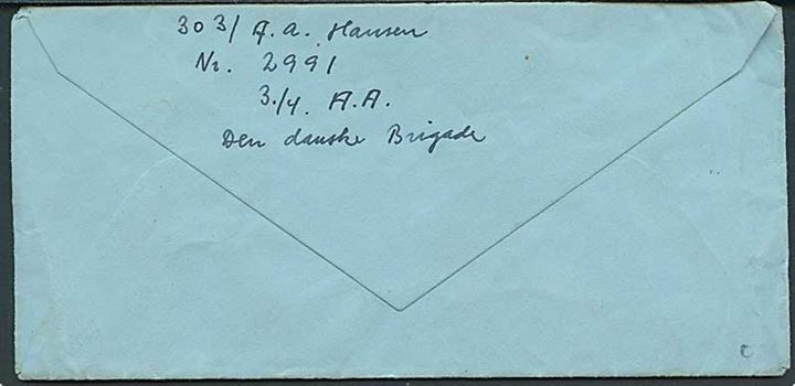 20 øre Chr. X på brev stemplet Den Danske Brigade /5/ * i Tyskland * d. 4.10.1947 til København. Fra soldat ved 3./4. Artilleri Afdeling stationeret i Wilhelmshaven.