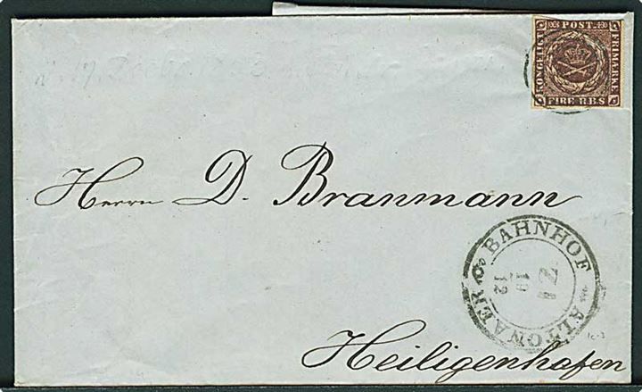 4 R.B.S. Thiele IIa sortbrun tæt klippet på brev fra Altona annulleret med svagt nr.stempel og sidestemplet Altonaer Bahnhof d. 19.12.1853 til Heiligenhafen.