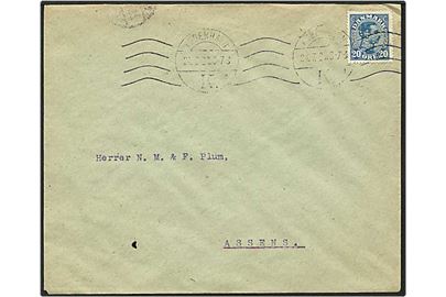 20 øre blå Chr. X på brev fra København d. 24.7.1920 til Assens. Mærket med perfin P40 - Ph. U. Strengberg.