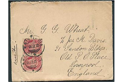 10 øre Posthorn i parstykke på brev fra Kristiania d. 26.9.1902 til Liverpool, England.