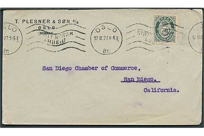 30 øre Posthorn på brev fra Oslo d. 12.3.1927 til San Diego, USA.