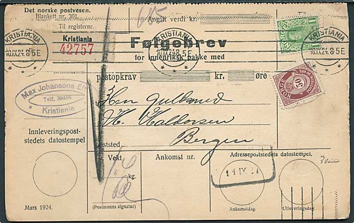 50 øre Posthorn og 1 kr. Haakon VIII på adressekort for pakke fra Kristiania d. 10.9.1924 til Bergen.