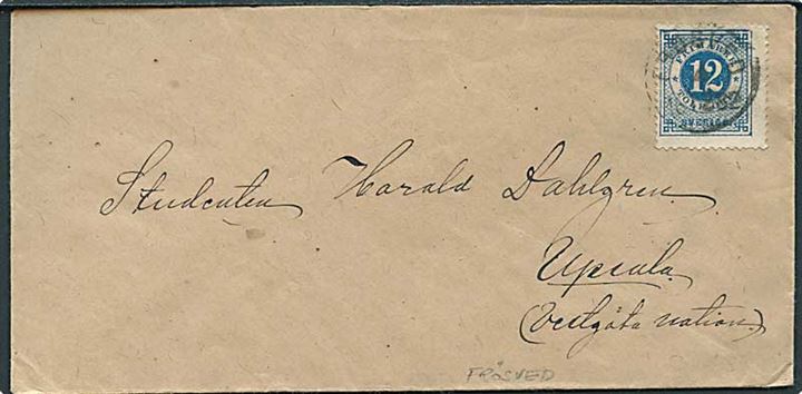 12 öre Ringtype på brev med svagt stempel Frösved d. 4.12.1882 til Upsala.