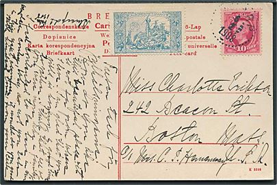 10 öre Oscar og Velgørenhedsmærke på brevkort med svagt stempel d. 6.2.1908 til Boston, USA.