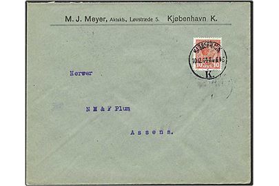 10 øre rød Chr. x på brev fra København d. 10.12.1914 til Assens. Mærket med perfin M20 - M.J. Meyer.