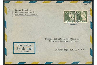 40 öre Tegner i parstykke på luftpostbrev fra Stockholm d. 5.2.1947 til Philadelphia, USA.