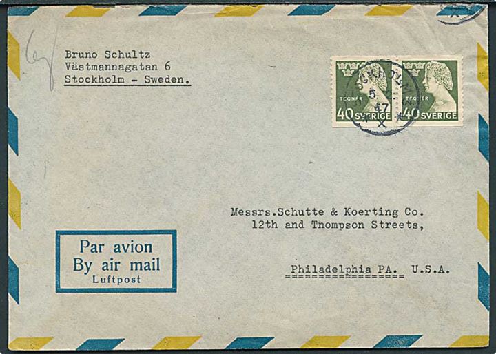 40 öre Tegner i parstykke på luftpostbrev fra Stockholm d. 5.2.1947 til Philadelphia, USA.