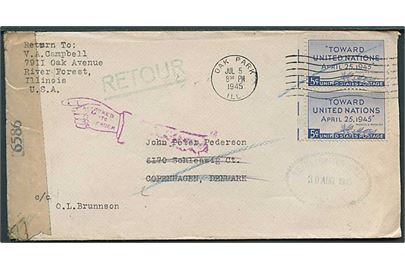 5 c. United Nations i parstykke på brev fra Oak Park d. 5.7.1945 til København, Danmark. Åbnet af amerikansk censur no. 6586. Retur som ubekendt via Returpostkontoret.