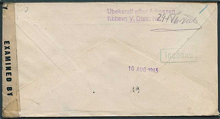 5 c. United Nations i parstykke på brev fra Oak Park d. 5.7.1945 til København, Danmark. Åbnet af amerikansk censur no. 6586. Retur som ubekendt via Returpostkontoret.