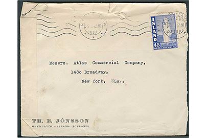 45 aur Geysir single på brev fra Reykjavik d. 26.x.1942 til New York, USA. Åbnet af amerikansk censur no. 6211. Rift i toppen.