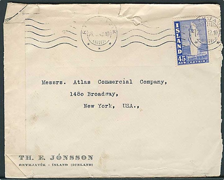 45 aur Geysir single på brev fra Reykjavik d. 26.x.1942 til New York, USA. Åbnet af amerikansk censur no. 6211. Rift i toppen.