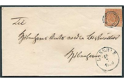 4 sk. 1854 udg. på brev annulleret med svagt nr.stempel og sidestemplet antiqua Lyngbye d. 10.7.1856 til Kjøbenhavn.