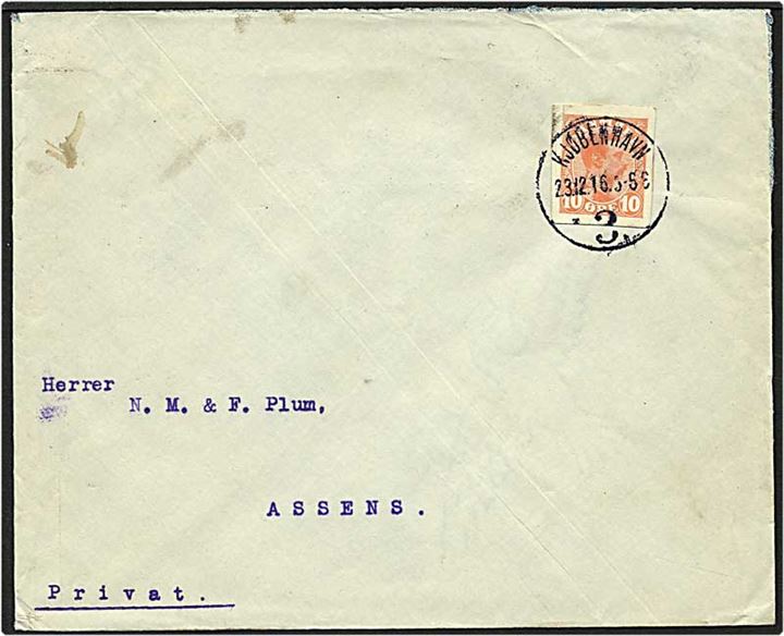 10 øre rød Chr. X helsagsklip på brev fra København d. 23.12.1916 til Assens.