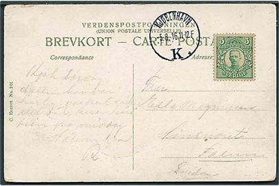 Svensk 5 öre Gustaf på brevkort (ustemplet) sidestemplet Kjøbenhavn d. 5.8.1916 til Falun, Sverige.