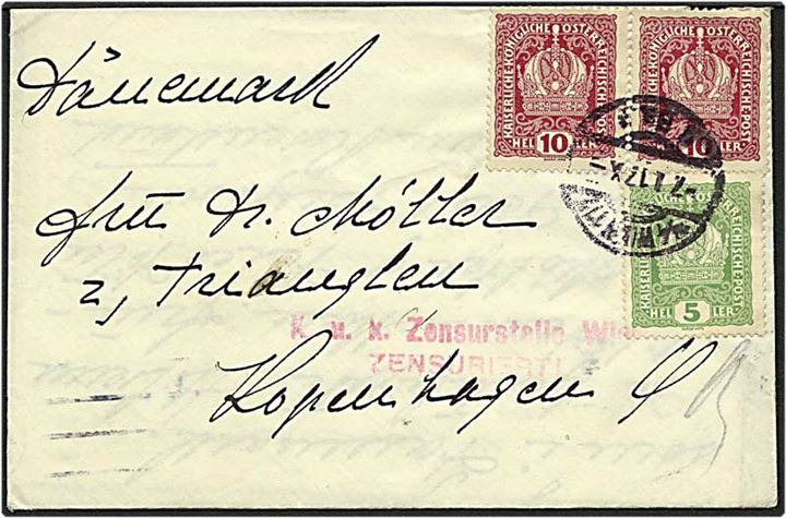 25 heller på brev fra Wien, Østrig, d. 7.1.1917 til København. Østrisk censur.