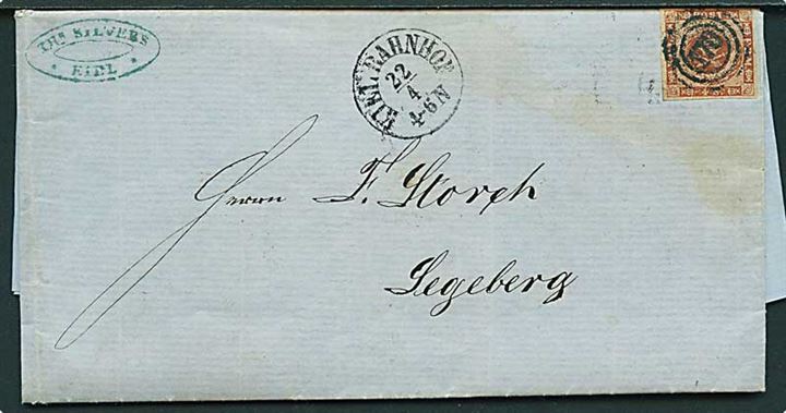 4 sk. 1858 udg. på brev annulleret med nr.stempel 170 og sidestemplet antiqua Kiel Bahnhof d. 22.4.1863 til Segeberg