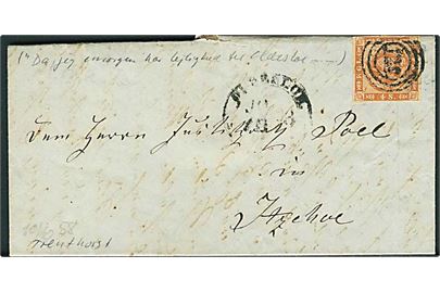 4 sk. 1858 udg. på brev dateret Trenthorst annulleret med nr.stempel 128 og sidestemplet Oldesloe d. 10.10.1858 til Itzehoe.