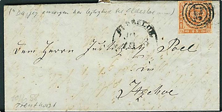 4 sk. 1858 udg. på brev dateret Trenthorst annulleret med nr.stempel 128 og sidestemplet Oldesloe d. 10.10.1858 til Itzehoe.