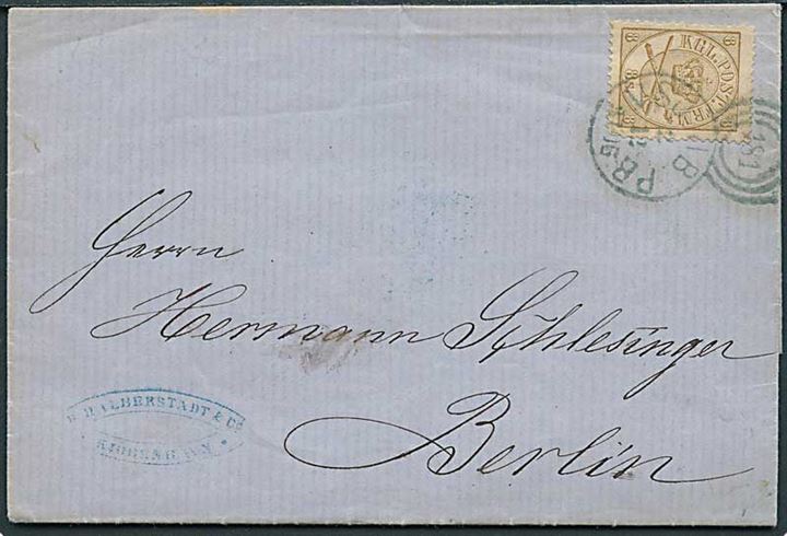 8 sk. Krone/Scepter med klichefejl - defekt SØ-hjørne - single på brev fra Kjøbenhavn annulleret med kombineret nr.stempel 181/V.SJ.JB.P.B. d. 2.12.1868 via Kiel-Hamburg til Berlin, Preussen.