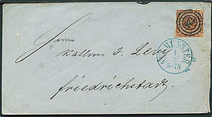 4 sk. 1858 på brev annulleret med nr.stempel 124 og sidestemplet med blåt antiqua Neumünster d. 4.2.1863 til Friedrichstadt.