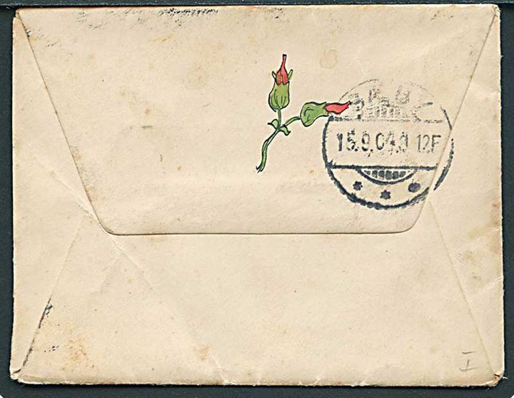 5 øre Våben i parstykke på lille illustreret kuvert (Blomster) fra Kjøbenhavn d. 14.9.1904 til Sæby. Medfølger indhold på illustreret brevpapir signeret A.Ø..