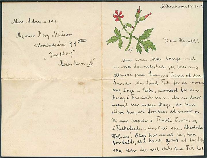 5 øre Våben i parstykke på lille illustreret kuvert (Blomster) fra Kjøbenhavn d. 14.9.1904 til Sæby. Medfølger indhold på illustreret brevpapir signeret A.Ø..
