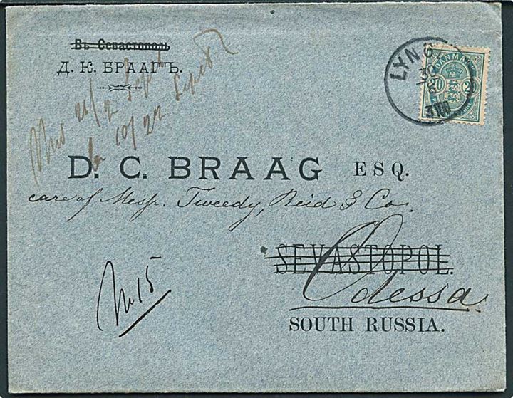 20 øre Våben på brev annulleret med lapidar Lyngby d. 30.8.1897 til Odessa, Rusland.