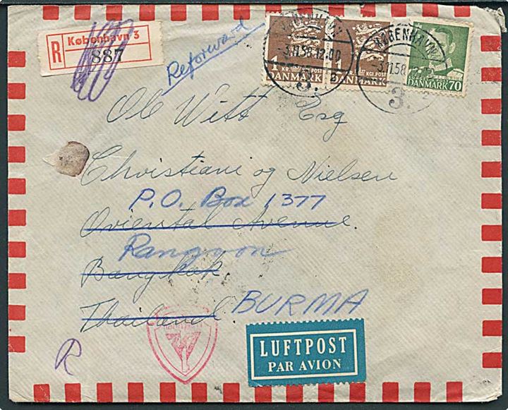 70 øre Fr. IX og 1 kr. Rigsvåben i parstykke på anbefalet luftpostbrev fra København d. 3.11.1958 til Bangkok, Thailand - eftersendt til Rangoon, Burma. God destination.
