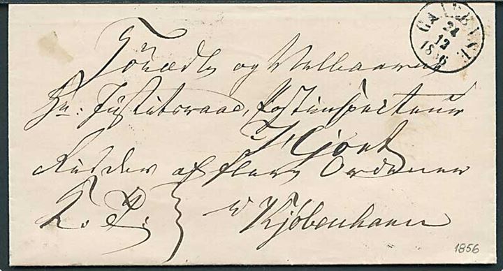 1856. Tjenestebrev med antiqua Gaabense d. 21.12.1856 til Justitsraad, Postinspecteur Hjort i Kjøbenhavn. På bagsiden laksegl fra Gaabense Postexpedition.