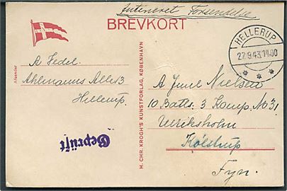 Ufrankeret interneret forsendelse brevkort fra Hellerup d. 27.9.1943 til interneret soldat fra 10. Batl. 3. Komp. på Ulriksholm pr. Kølstrup. Violet tysk Stalag censur: Geprüft.