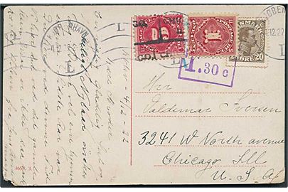 20 øre Chr. X på underfrankeret brevkort fra Kjøbenhavn d. 4.12.1922 til Chicago, USA. Violet portostempel: T.30 c og påsat amerikanske 1 c. og 5 c. (forudannulleret) Portomærker. 